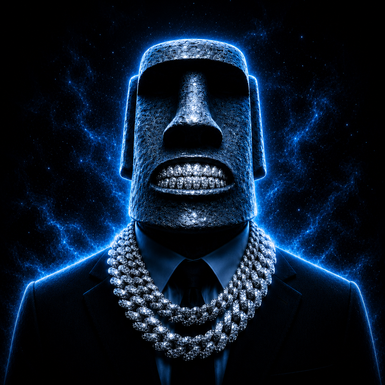 Iced-out Moai mascot of $TUFF in a black suit with diamond chains